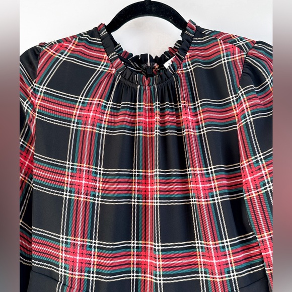 J Crew Black Red Tartan Plaid Ruffle Neck Peasant Midi Christmas Dress Size: 2 - Picture 6 of 10